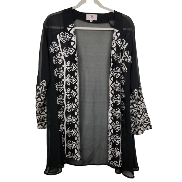 Roja Black White Embroidered Southwestern Aztec Kimono Cardigan Size XS - Picture 1 of 8